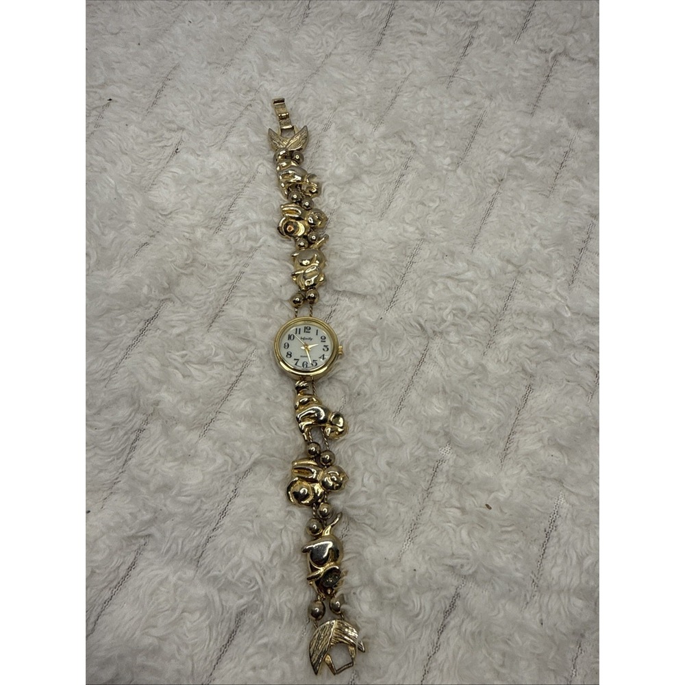Vintage Infinity Quartz Dog Cat Mouse Charm Bracelet Watch Gold Tone Needs Batt